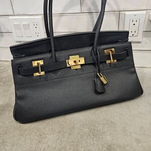 Structured Black Leather Shoulder Bag with Gold Hardware